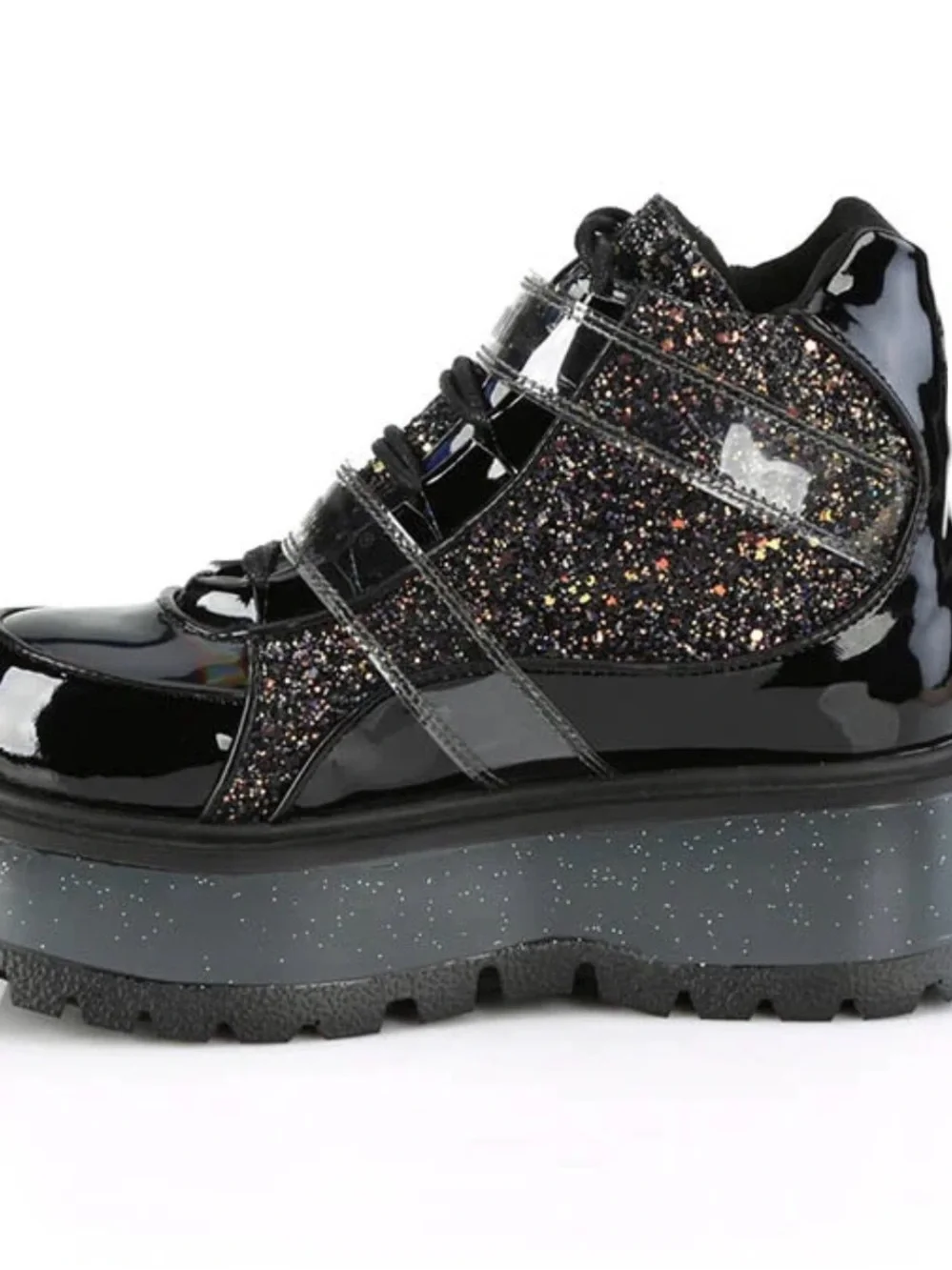 DEMONIA SLACKER-50 BLACK PATENT MULTI GLITTER ANKLE PLATFORM BOOTS